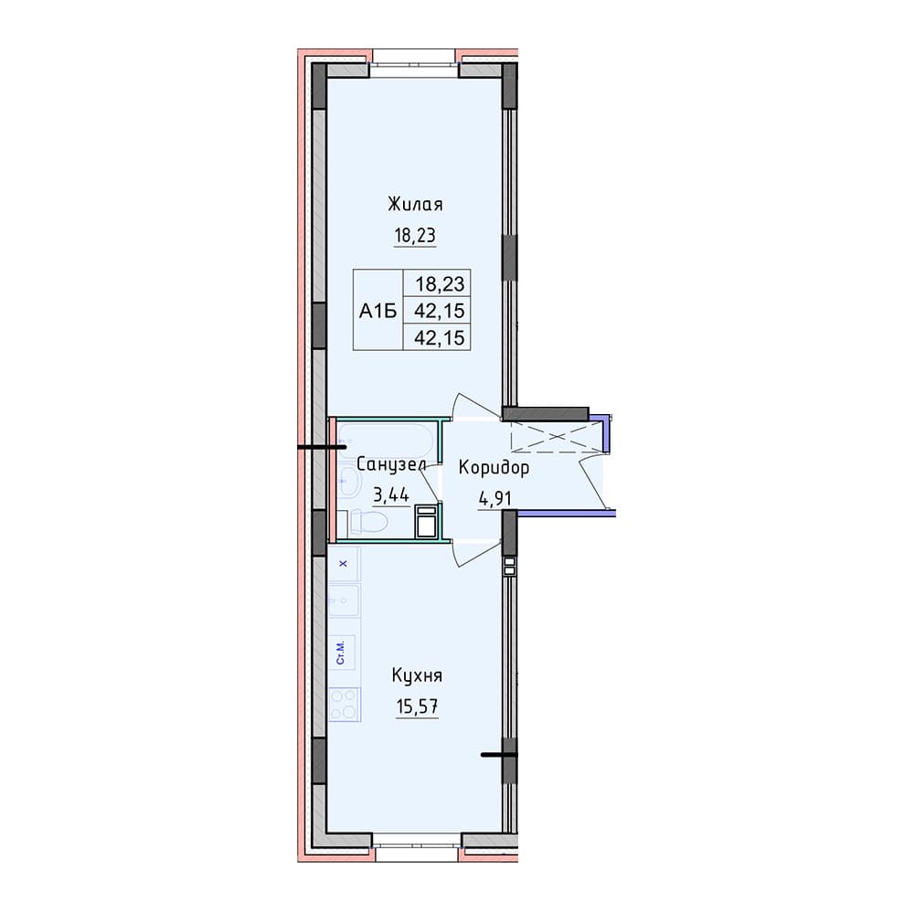 Планировка — 1-комнатная, 42.15 м²