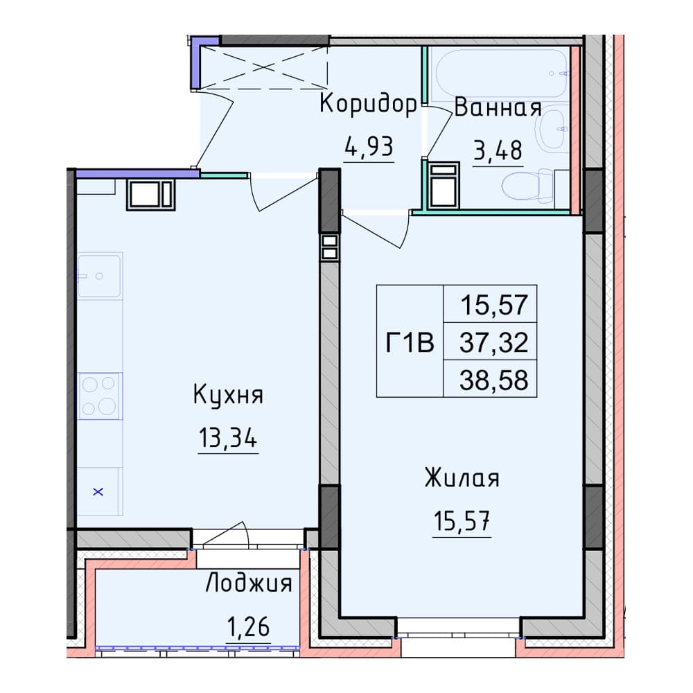 Планировка — 1-комнатная, 38.58 м²