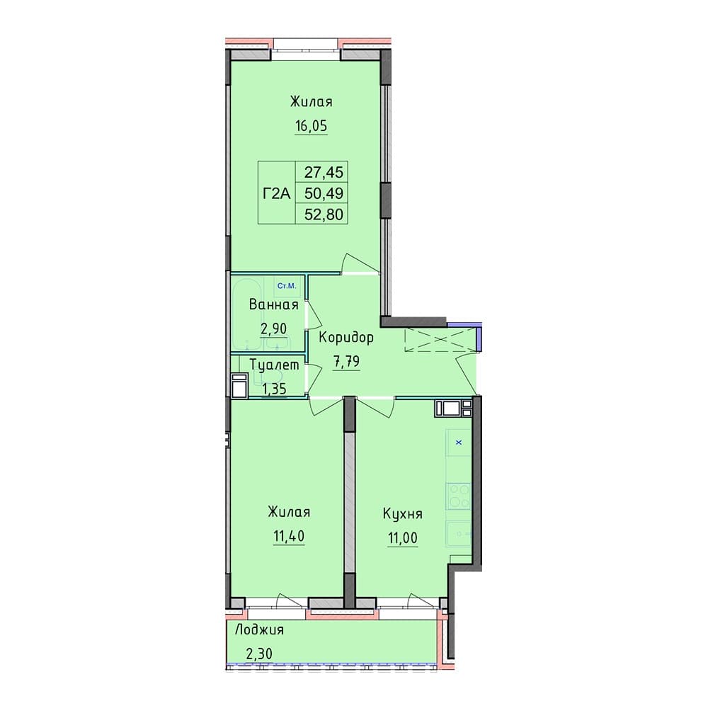 Планировка — 2-комнатная, 52.8 м², ЖК «Рассвет»