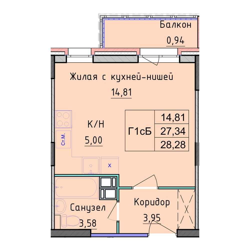 Планировка — Студия, 28.28 м², ЖК «Рассвет»