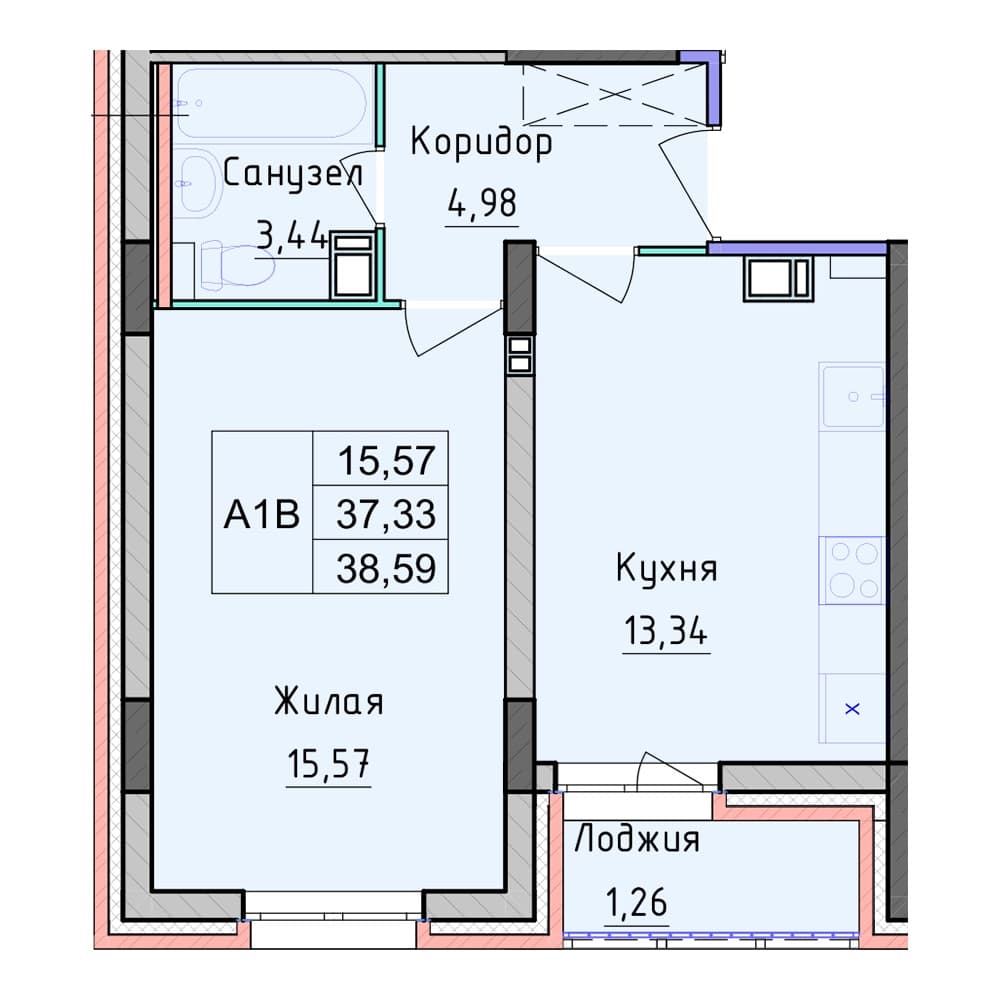 Планировка — 1-комнатная, 38.59 м²