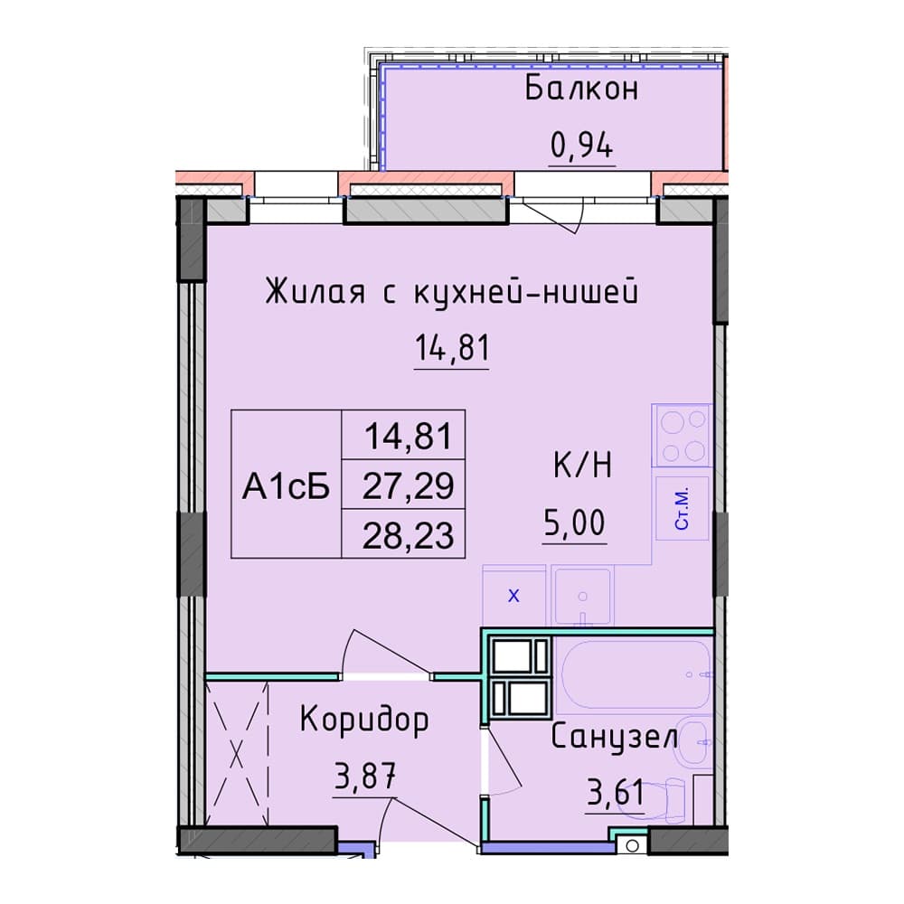Планировка — Студия, 28.23 м², ЖК «Рассвет»