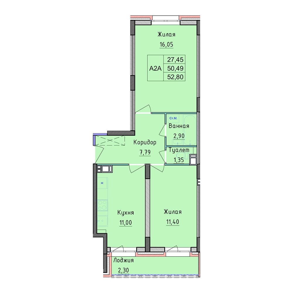 Планировка — 2-комнатная, 52.8 м², ЖК «Рассвет»