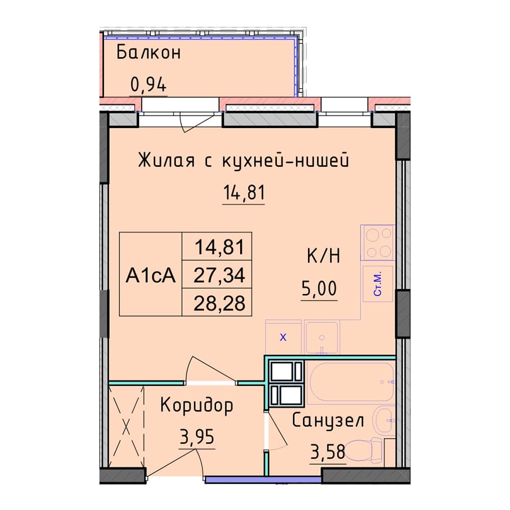 Планировка — Студия, 28.28 м², ЖК «Рассвет»