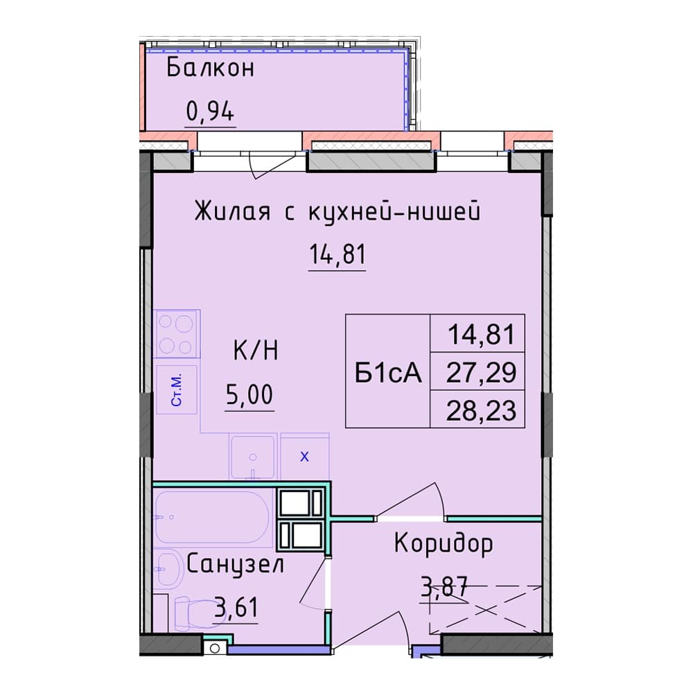 Планировка — Студия, 28.23 м²