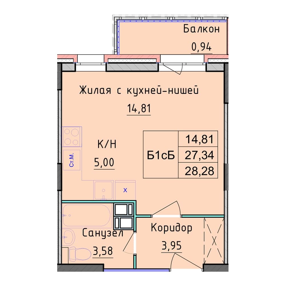 Планировка — Студия, 28.28 м², ЖК «Рассвет»