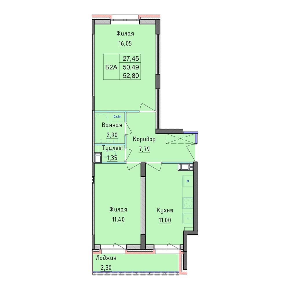 Планировка — 2-комнатная, 52.8 м², ЖК «Рассвет»
