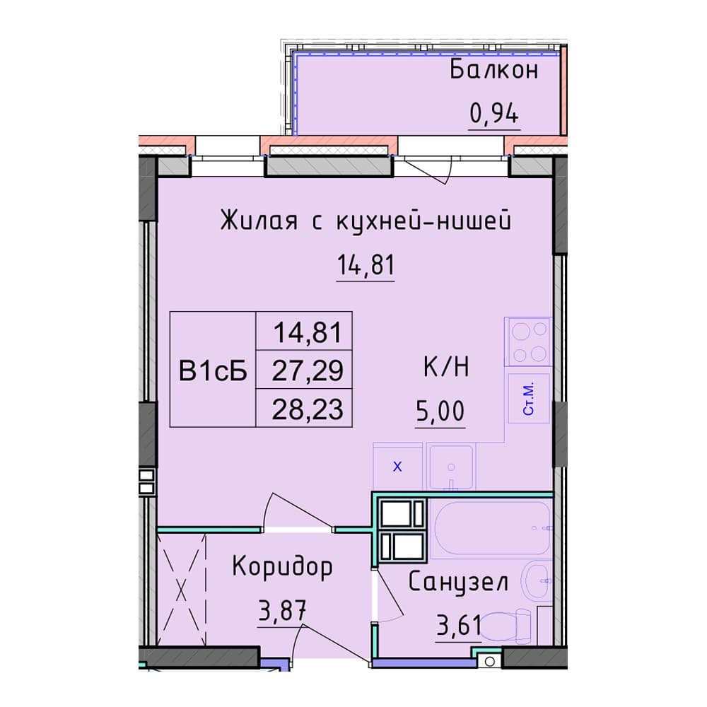 Планировка — Студия, 28.23 м²