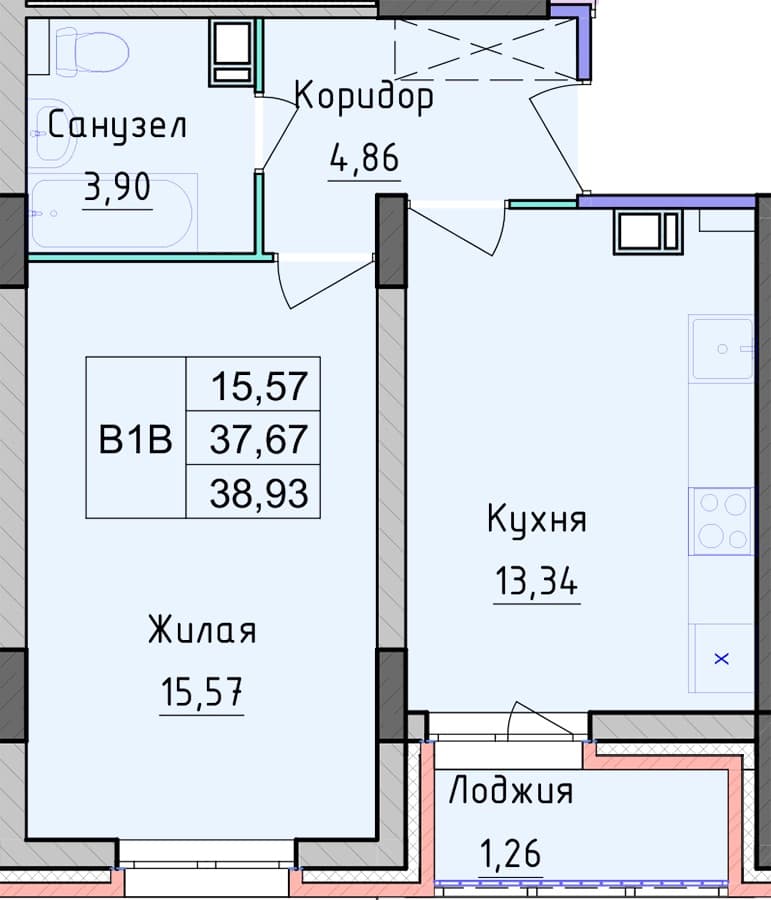 Планировка — 1-комнатная, 38.93 м²