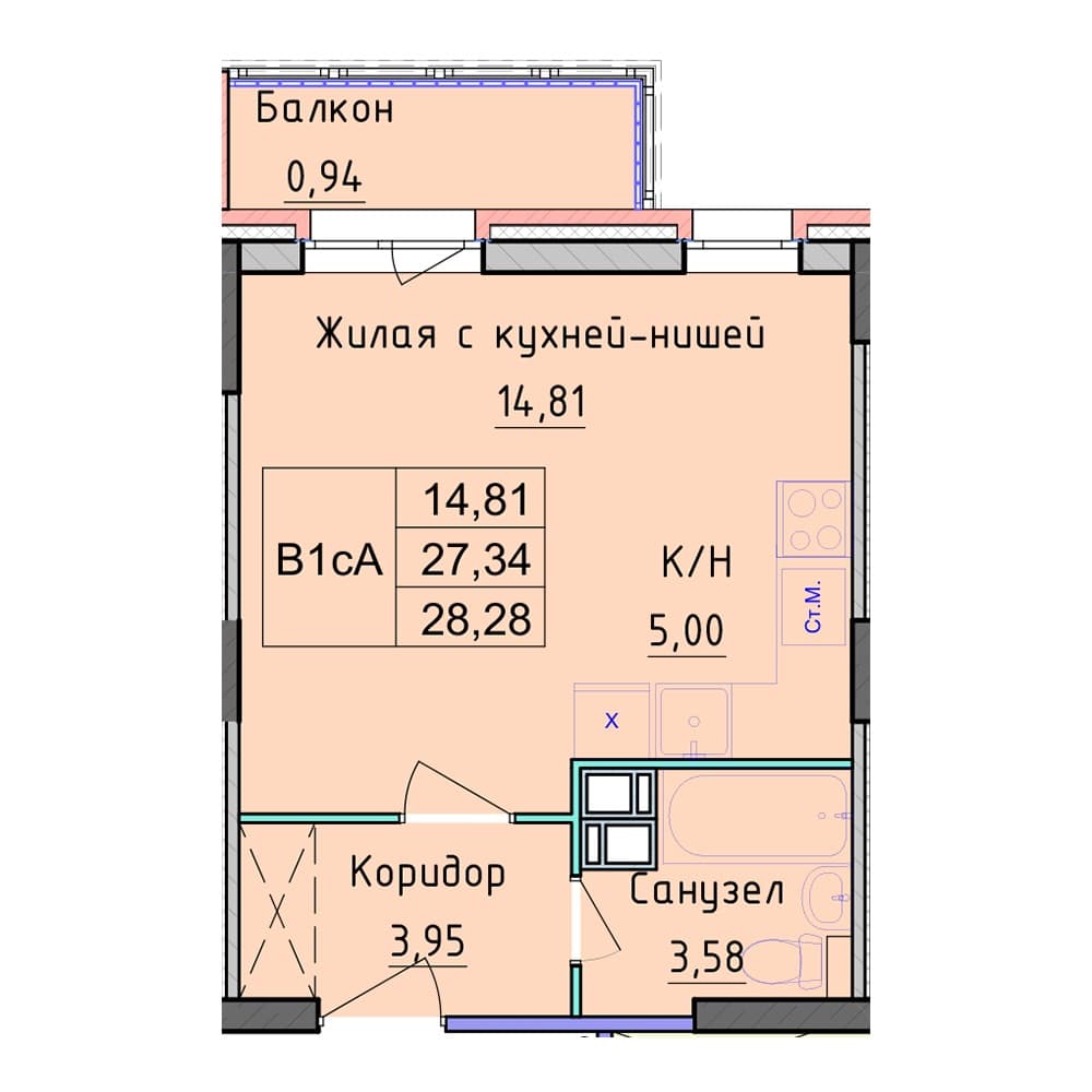 Планировка — Студия, 28.28 м², ЖК «Рассвет»