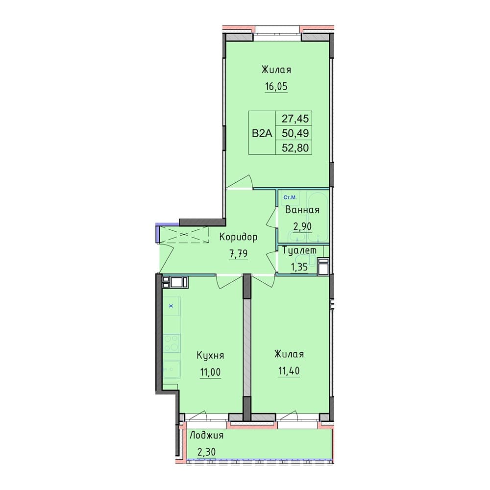 Планировка — 2-комнатная, 52.8 м², ЖК «Рассвет»