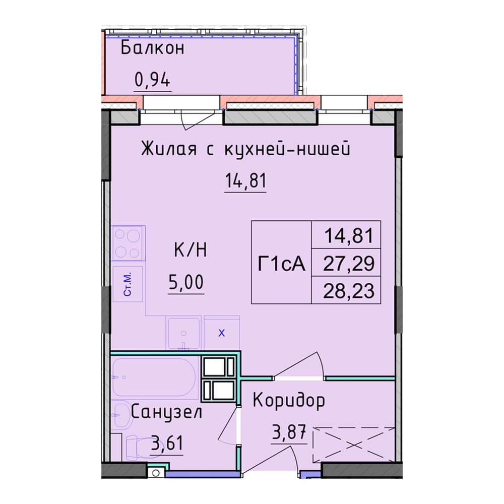 Планировка — Студия, 28.23 м²